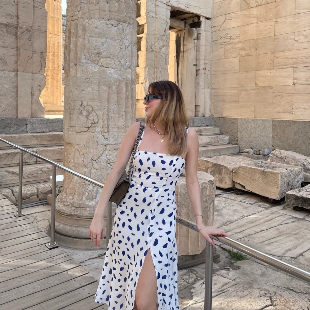REFORMATION Blue White Ink Blot Slit Midi Dress